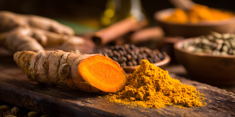 A vibrant display of turmeric root and powder, accompanied by other spices, arranged on a rustic wooden surface. Food concept