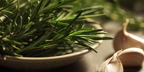 Aromatic fresh rosemary sprigs in a bowl, accompanied by garlic cloves. Food concept