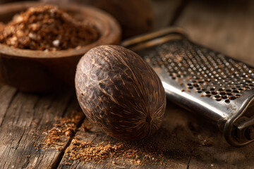 Nutmeg with nutmeg powder and grater. Food concept