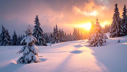 Snowy forest scene with sun breaking over the horizon