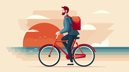Fototapeta premium Man riding bicycle at sunset stylized illustration