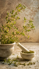 Fresh thyme in mortar and pestle. Food concept
