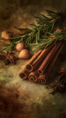 Fragrant cinnamon sticks arranged with star anise and rosemary sprigs on a textured surface for a warm, natural ambiance. Still life concept.