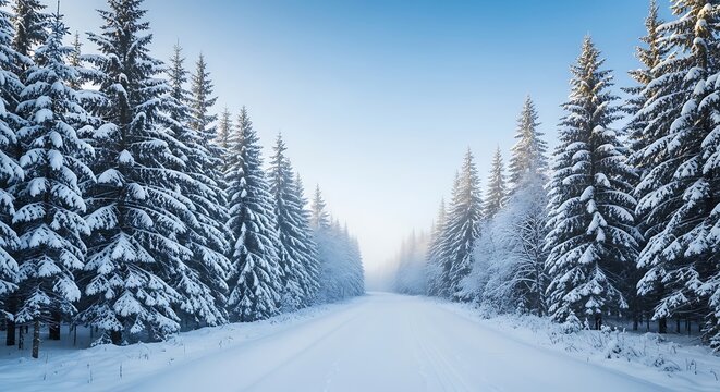 Snow covered road through a dense pine forest on a bright winter day