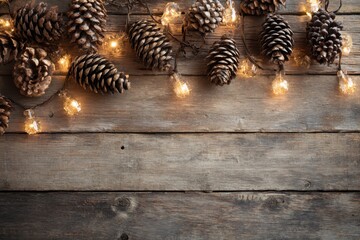 Pine cones and warm lights on rustic wood