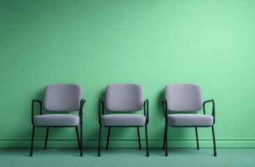 Three gray chairs against a mint green wall