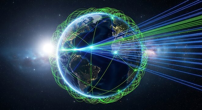 Global Connectivity - A Digital Earth with Data Streams and Network. - Powered by Adobe