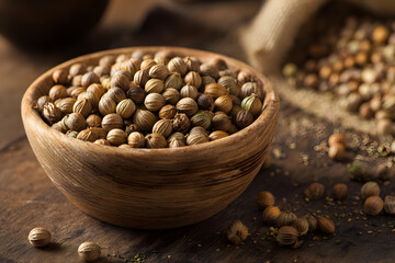 Coriander seeds in wooden bowl and scattered on rustic table. Aromatic spice for culinary dishes and traditional medicine. Food concept