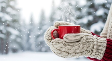 Cozy winter scene with steaming red mug held by gloved hands