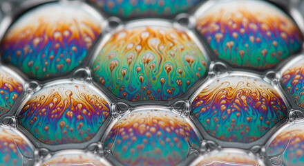 Macro shot of soap bubbles with iridescent colors creating abstract patterns, a mesmerizing display of light and color, showcasing the beauty of physics