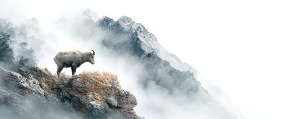 Majestic Mountain Goat Standing on Rocky Cliff Amidst Misty Mountains