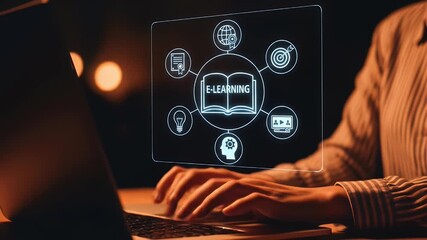 Person using laptop with e-learning interface and education icon. online learning concept, digital education, virtual classroom, knowledge sharing, training study course, remote academic development - Powered by Adobe