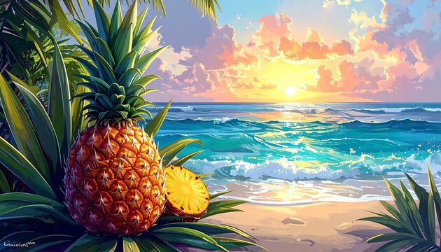 Tropical beach scene featuring a pineapple and ocean sunset