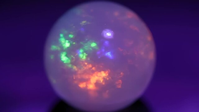 Close Up of Glowing Crystal Ball With Fire Opal Inclusions on Dark Violet Surface