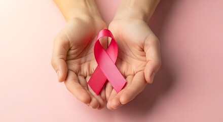 Hands holding a pink ribbon for breast cancer awareness on a pink background