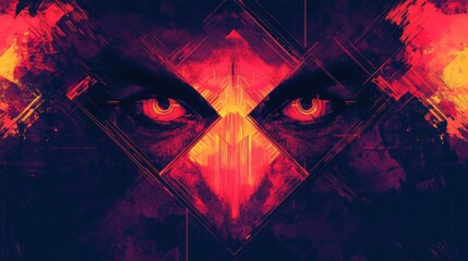 Fototapeta premium Abstract art, close-up, intense, demonic, eyes, vibrant, red, orange, yellow, dark, graphic