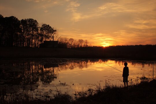 Silhouette of a boy fishing at dusk in a North Alabama pond
