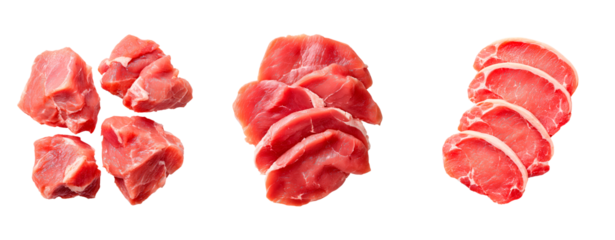 Assorted cuts of raw pork on transparent background for culinary and recipe design