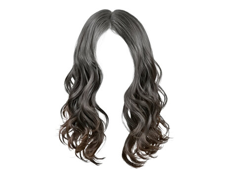Long wavy grey wig on transparent background for fashion and costume design