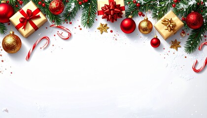 Christmas fir branches, gift boxes with red ribbon, red decoration, sparkles and confetti on white background