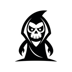 Cartoon grim reaper with skull face and hood