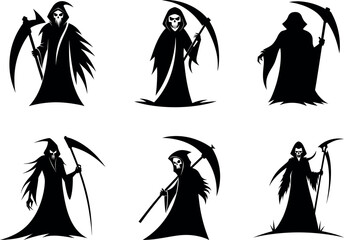 Six grim reaper silhouettes with scythes on white background