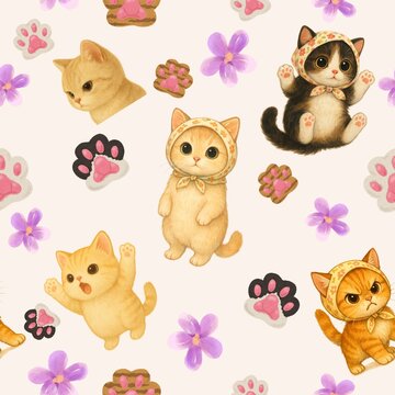 Cute kittens seamless pattern with floral scarf and paw prints, kawaii cozy pet illustration