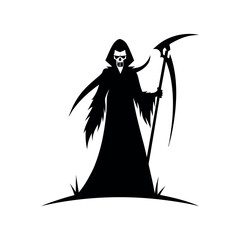 Grim reaper silhouette with scythe on white background