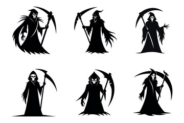 Six silhouette grim reapers with scythes in various poses