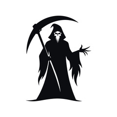 Silhouette of the grim reaper holding a scythe with outstretched hand