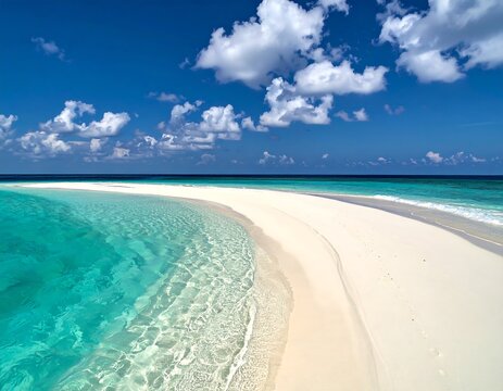Sandy beach peninsula surrounded by vibrant turquoise waters and blue sky - Powered by Adobe