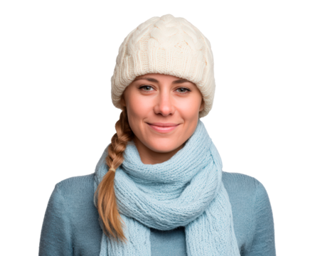 Cozy winter fashion portrait with knitted hat and scarf