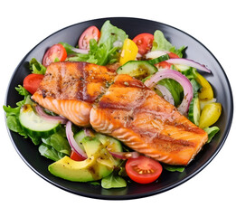grilled salmon with vegetables salad, tomatoes, onions, avocado, cucumber isolated background.