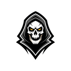 Menacing grim reaper skull with glowing eyes in a hood