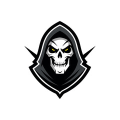 Grim reaper skull with glowing yellow eyes and scythes