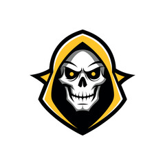 Menacing grim reaper skull with yellow hooded emblem
