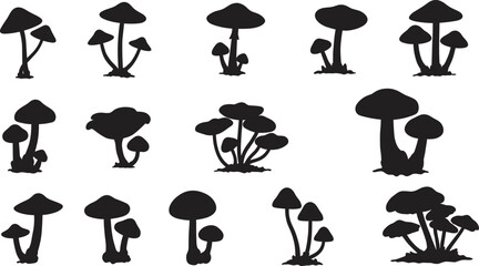 Silhouette mushrooms set, forest fungi clipart, black mushroom icons collection, nature botanical vector, magic mushrooms illustrations, isolated graphic elements © Madhob Creatives