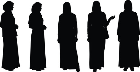 Woman silhouette illustration, traditional dress headscarf fashion, cultural attire design, modest clothing art, female figure pose concept, body language gesture graphic, heritage style scene