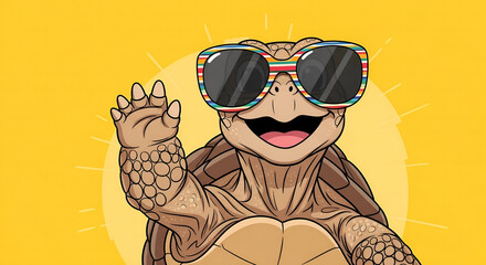 Joyful turtle wearing colorful sunglasses, waving hello with a bright sunbeam illustration