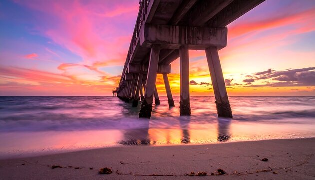 Pier silhouetted against a vibrant sunset sky, with soft ocean waves