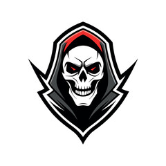 Grim reaper skull emblem with red eyes and black hood