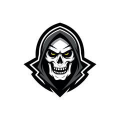 Grim reaper skull with yellow eyes in hooded cloak emblem