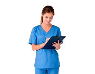 Medical professional taking notes in blue scrubs for healthcare concept and documentation purpose