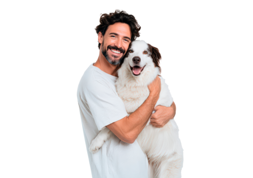 Happy man and dog embracing each other joyfully on transparent background