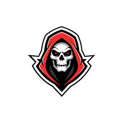Fierce grim reaper skull with red hood emblem