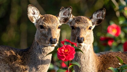 Two deer gazing at the camera next to a red flower