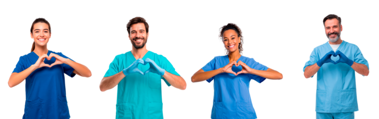 Healthcare professionals demonstrating heart gesture in medical uniforms for community support and teamwork