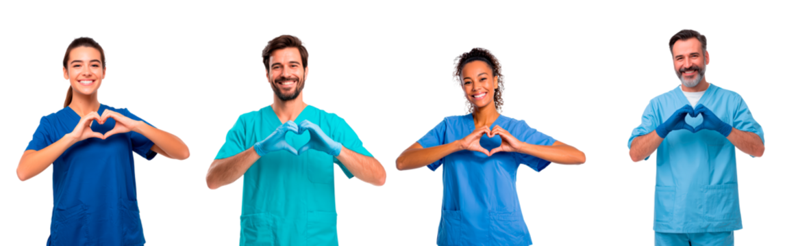 Healthcare professionals demonstrating heart gesture in medical uniforms for community support and teamwork