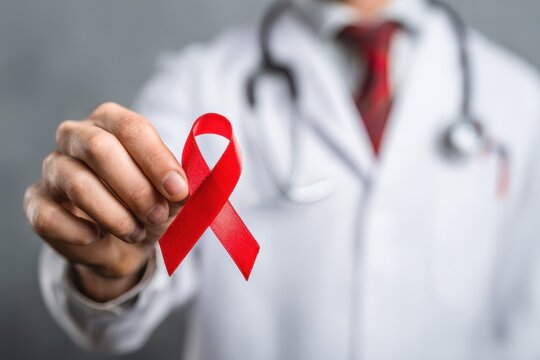 Physician with red ribbon for World AIDS Day acquired immune deficiency syndrome multiple myeloma awareness month and National Red Ribbon Week healthcare and cancer awareness theme - Powered by Adobe