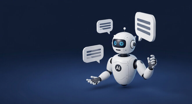 A friendly robot with speech bubbles, representing artificial intelligence and communication, offering assistance and engaging in conversation with users